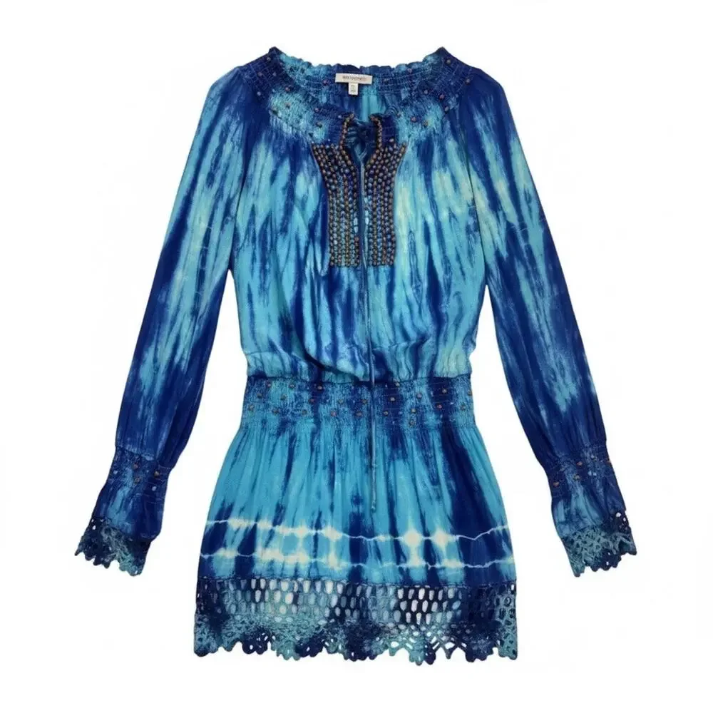 VTG Faith Indigo Tie Dye Beaded Boho Mini Dress Crochet Hem Festival S